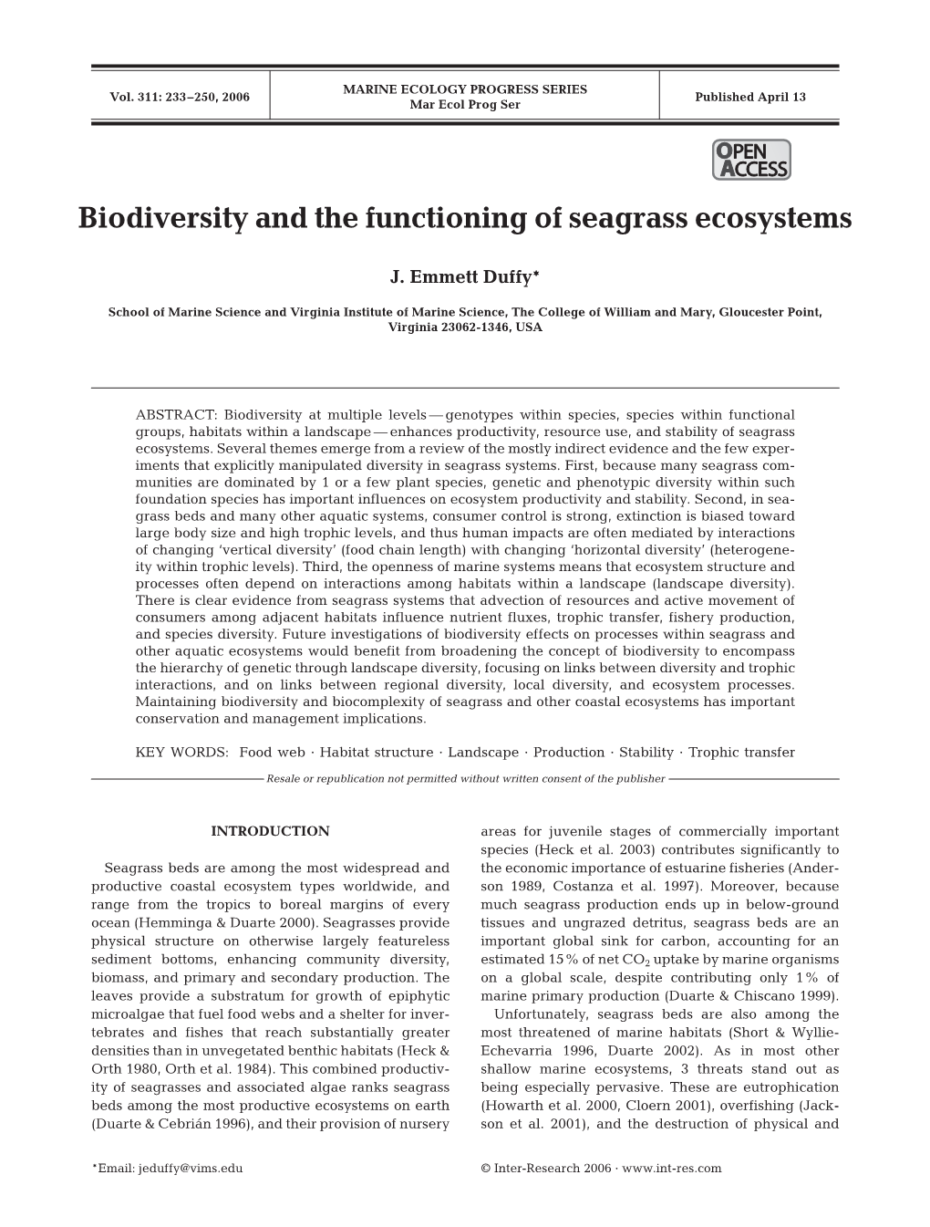 Biodiversity and the Functioning of Seagrass Ecosystems