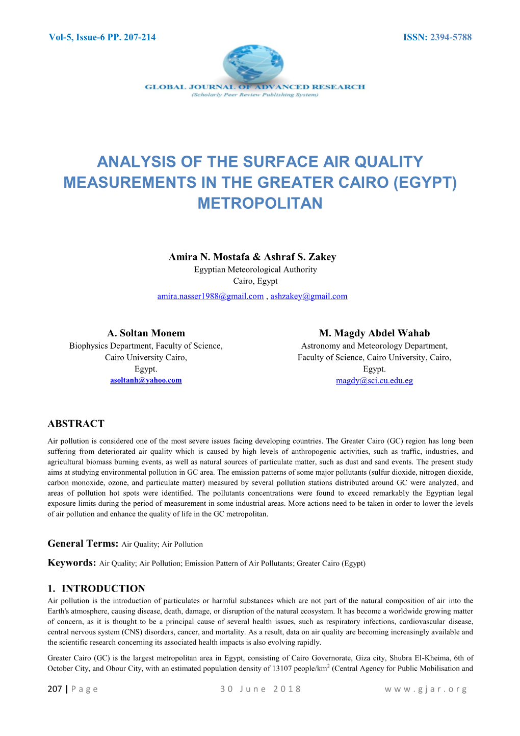 Analysis of the Surface Air Quality Measurements in the Greater Cairo (Egypt) Metropolitan