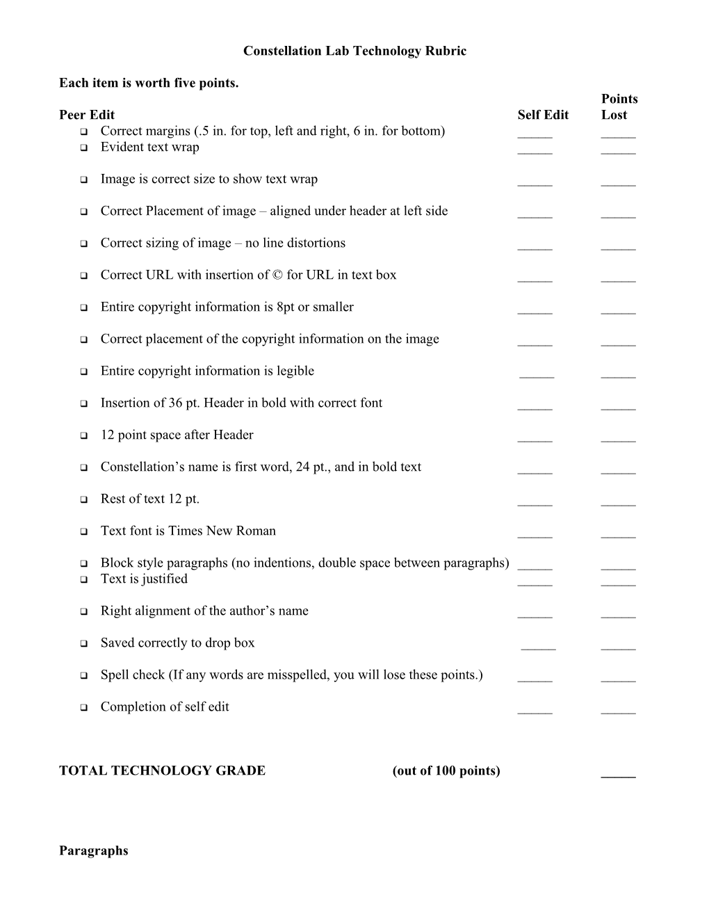 Wall of Tears Technology Rubric