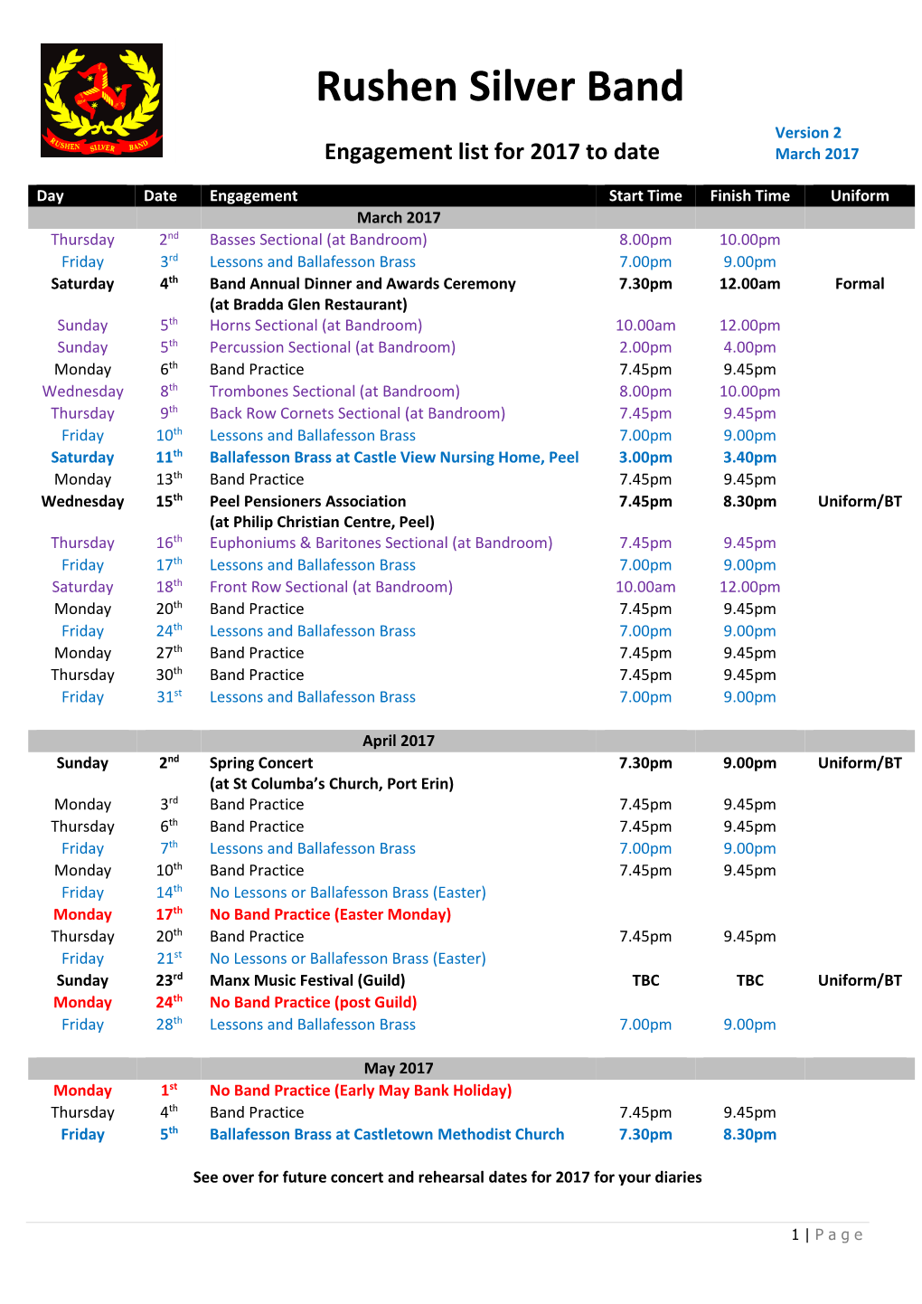 Rushen Silver Band Version 2 Engagement List for 2017 to Date March 2017