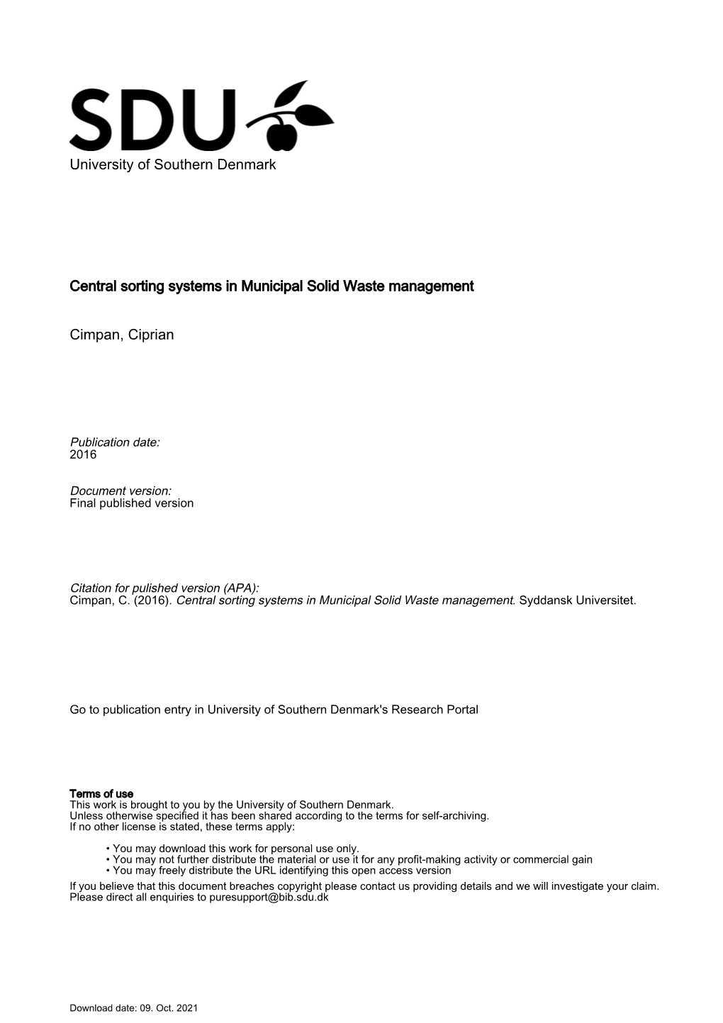 University of Southern Denmark Central Sorting Systems In