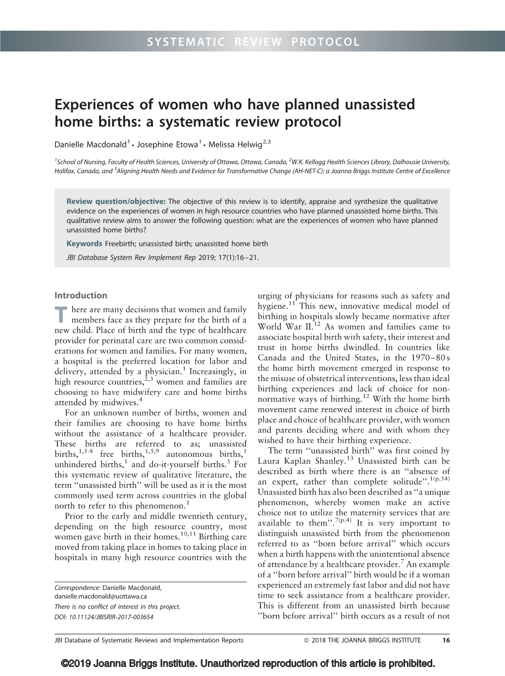 Experiences of Women Who Have Planned Unassisted Home Births: a Systematic Review Protocol