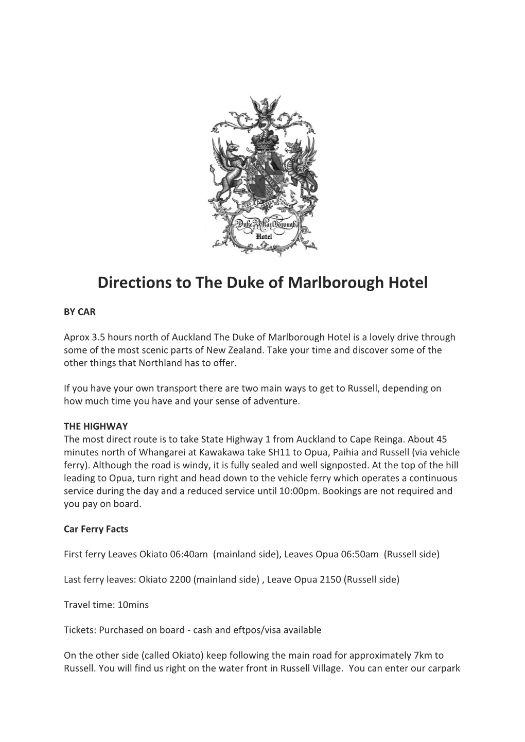 Directions to the Duke of Marlborough Hotel