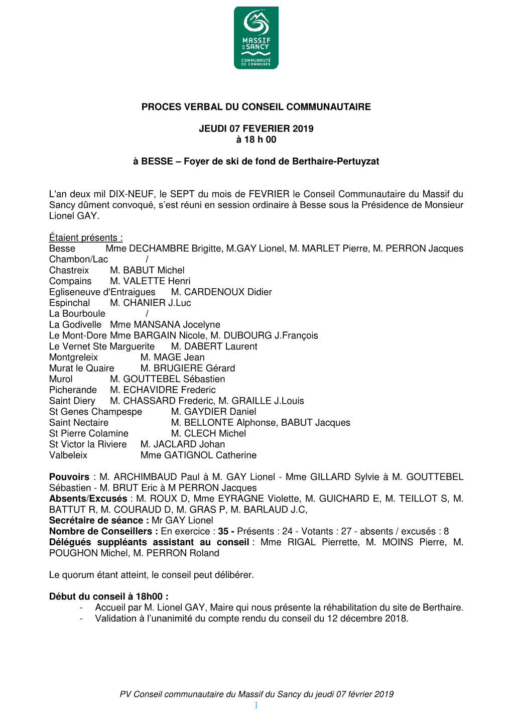 Proces Verbal Du Conseil Communautaire Jeudi 07