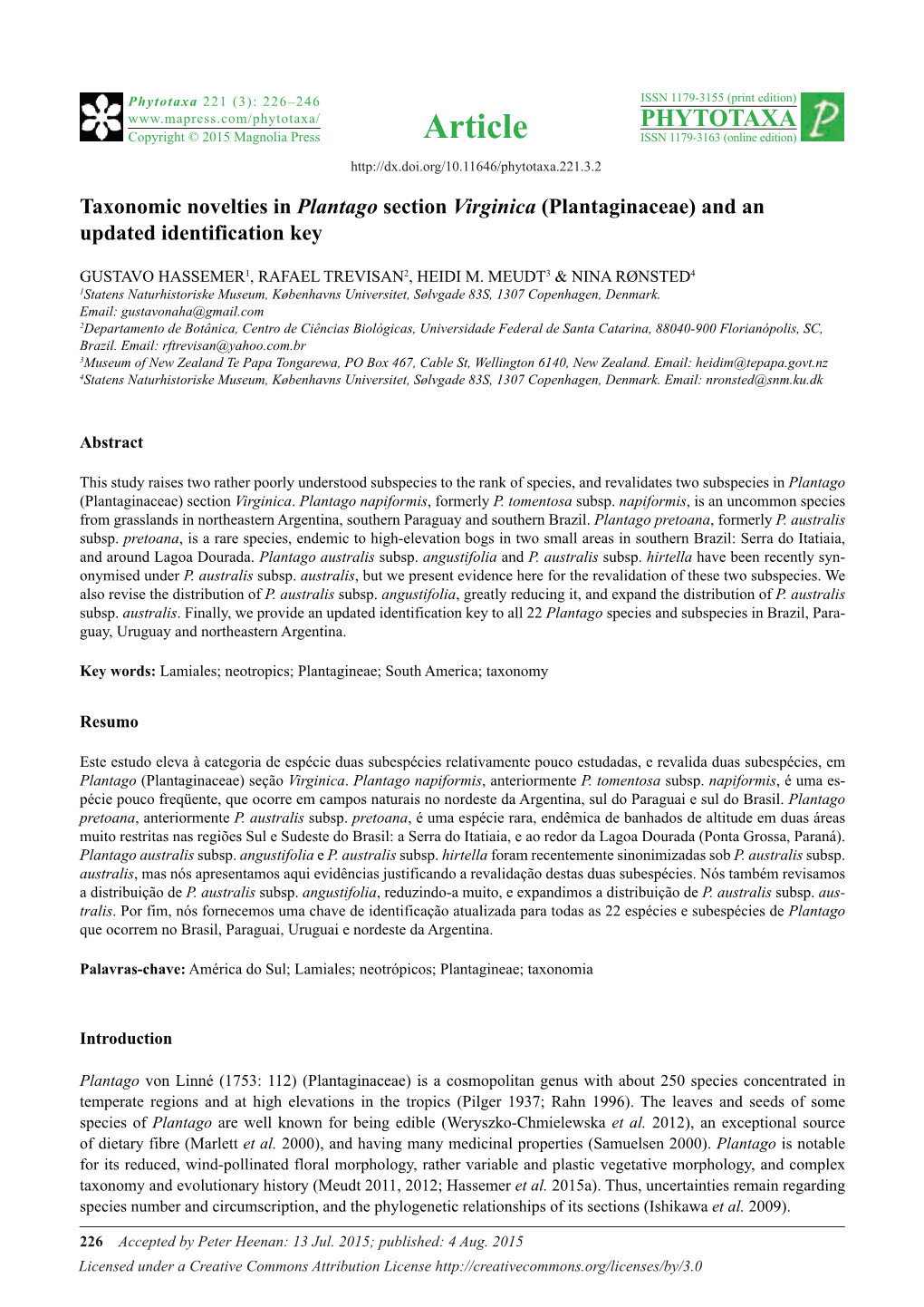 (Plantaginaceae) and an Updated Identification Key