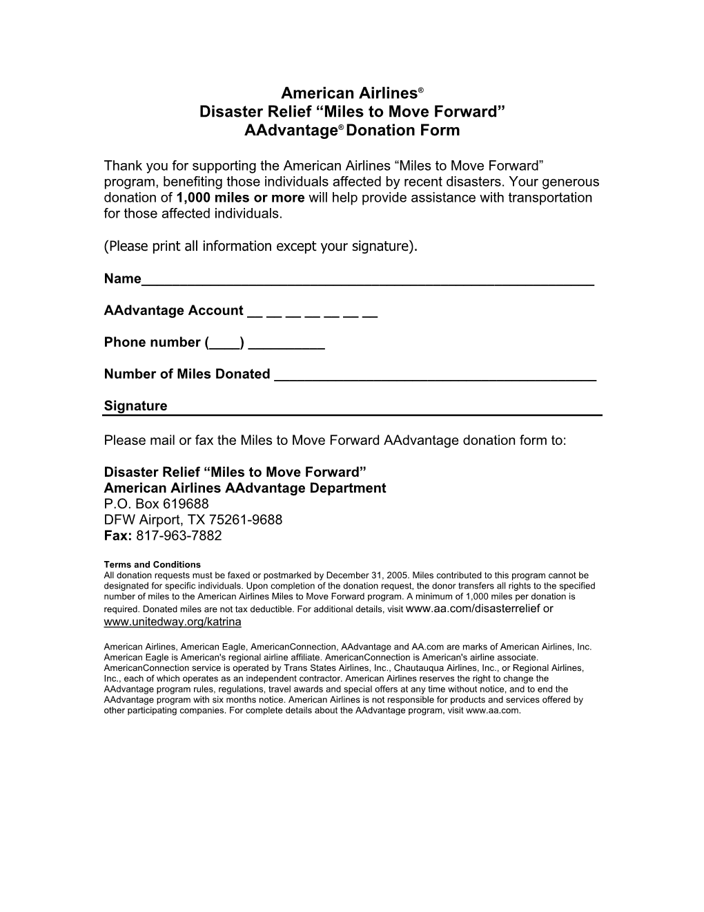 “Miles to Move Forward” Aadvantage® Donation Form