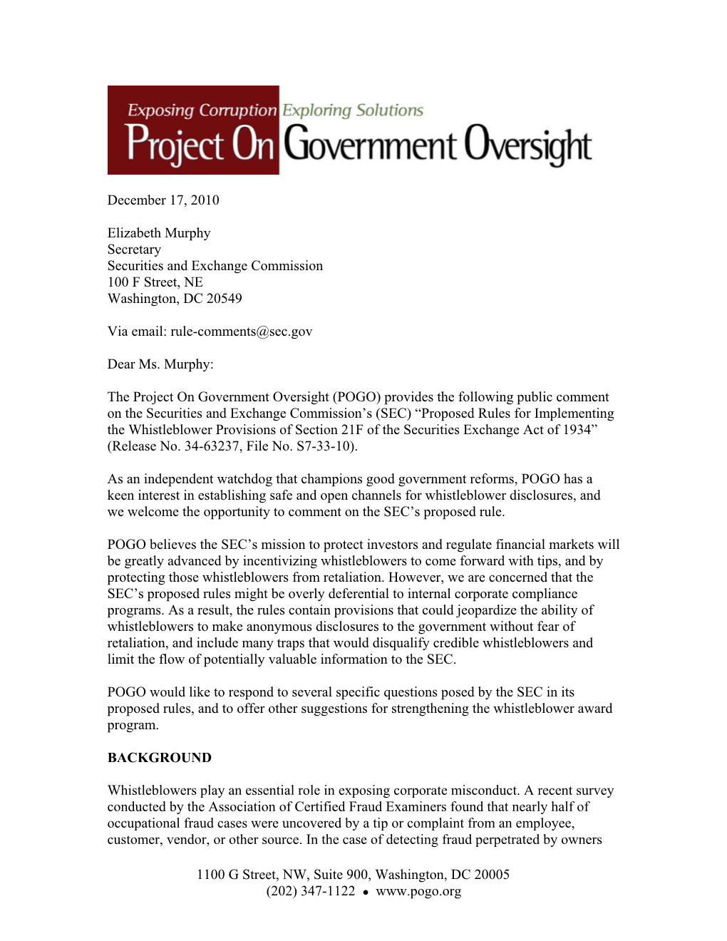 Outline for Public Comment on SEC Whistleblower Reward Program