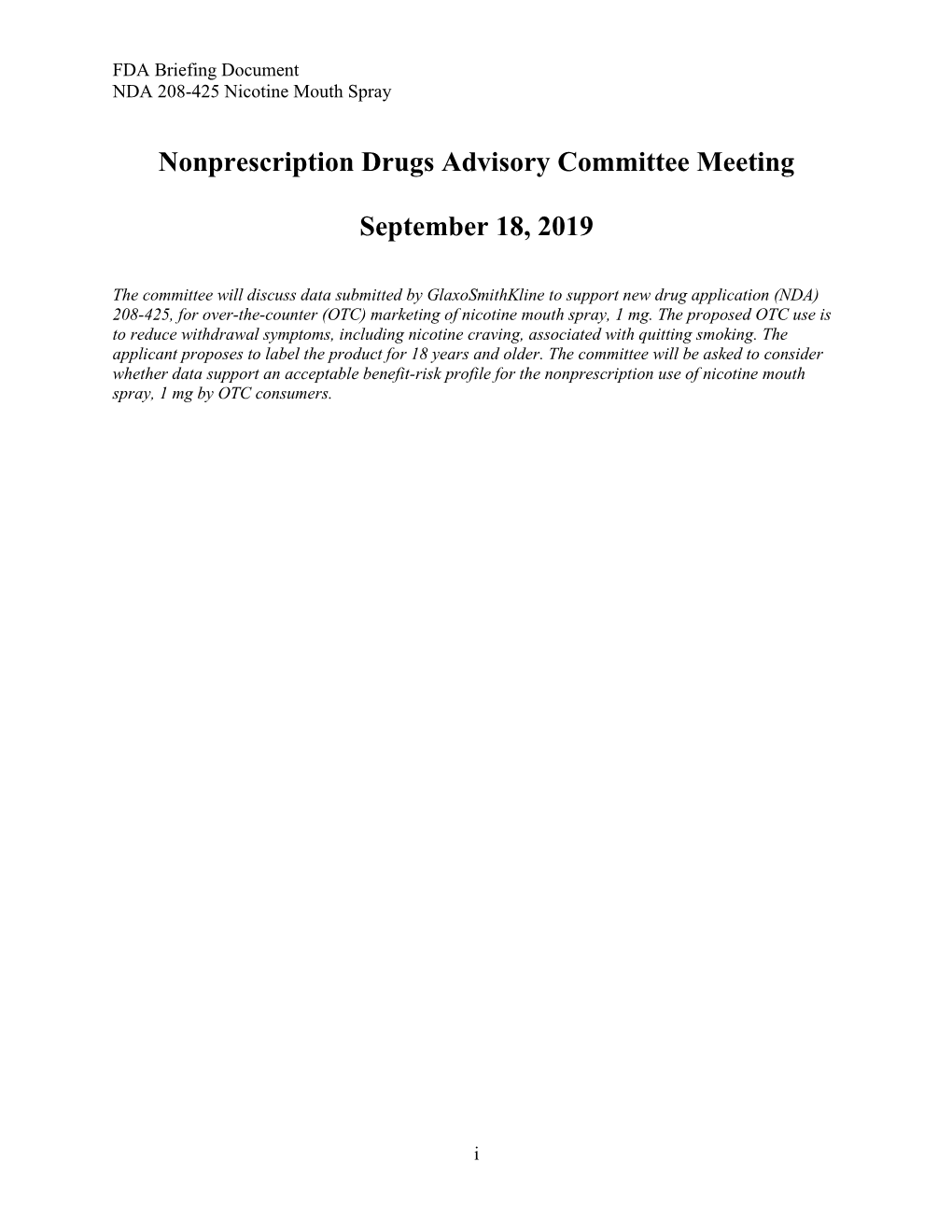 Nonprescription Drugs Advisory Committee Meeting September 18