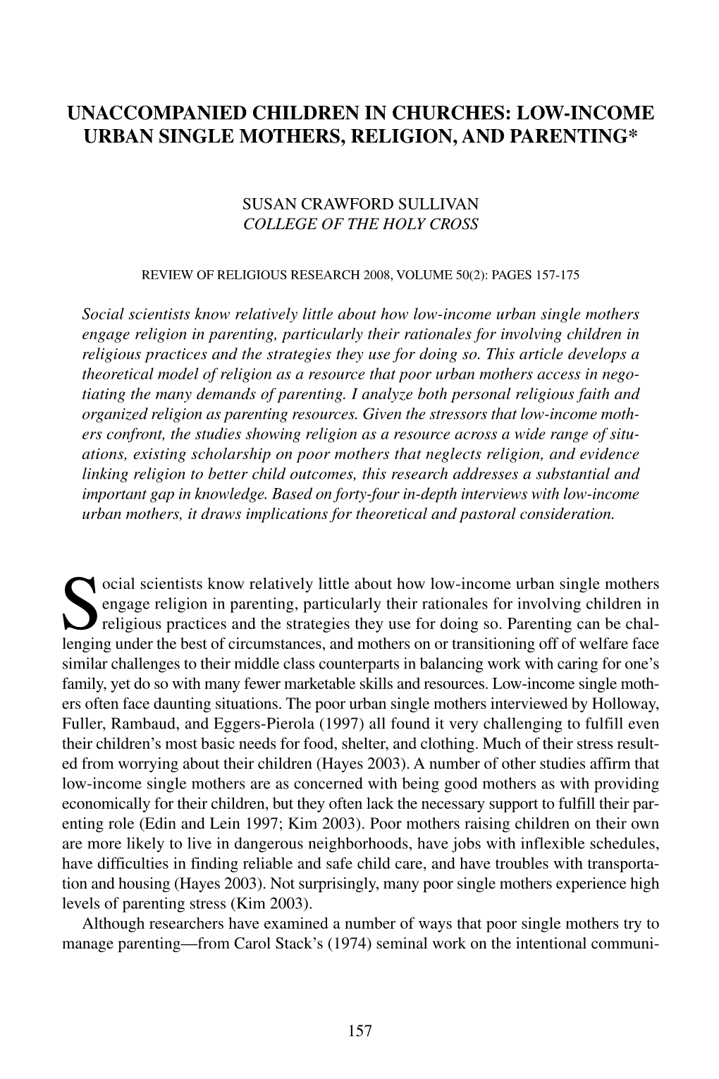 Unaccompanied Children in Churches: Low-Income Urban Single Mothers, Religion, and Parenting*