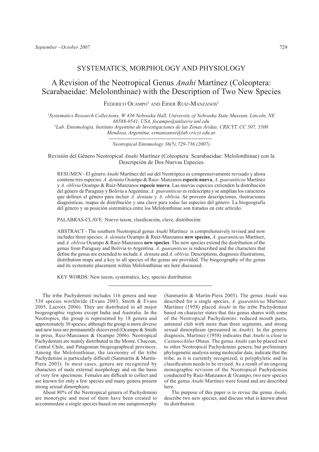 A Revision of the Neotropical Genus Anahi Martínez (Coleoptera: Scarabaeidae: Melolonthinae) with the Description of Two New Species