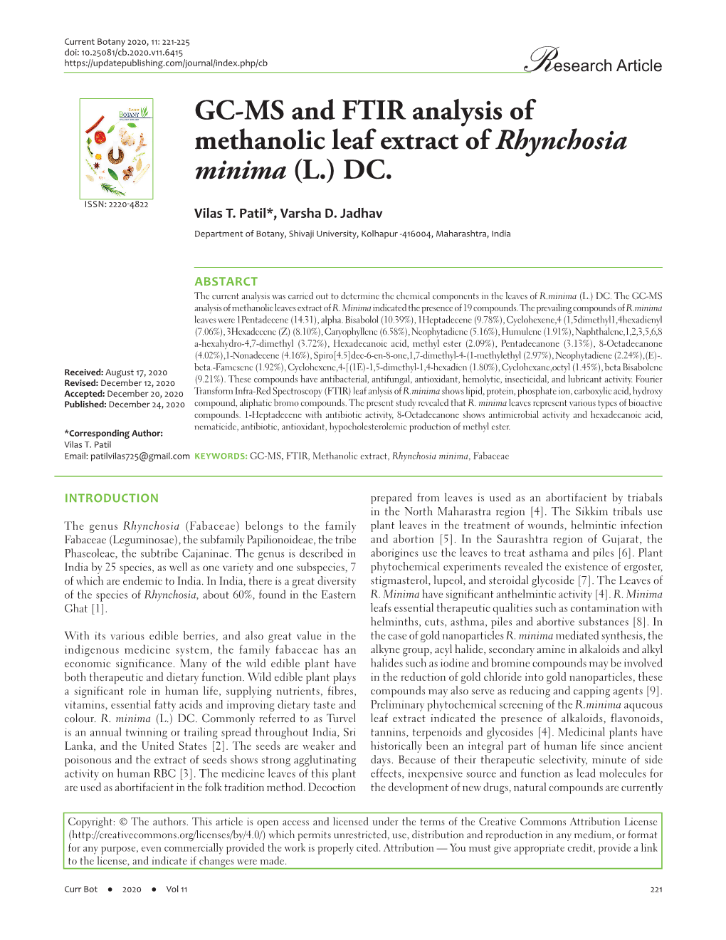 GC-MS and FTIR Analysis of Methanolic Leaf Extract of Rhynchosia Minima (L.) DC