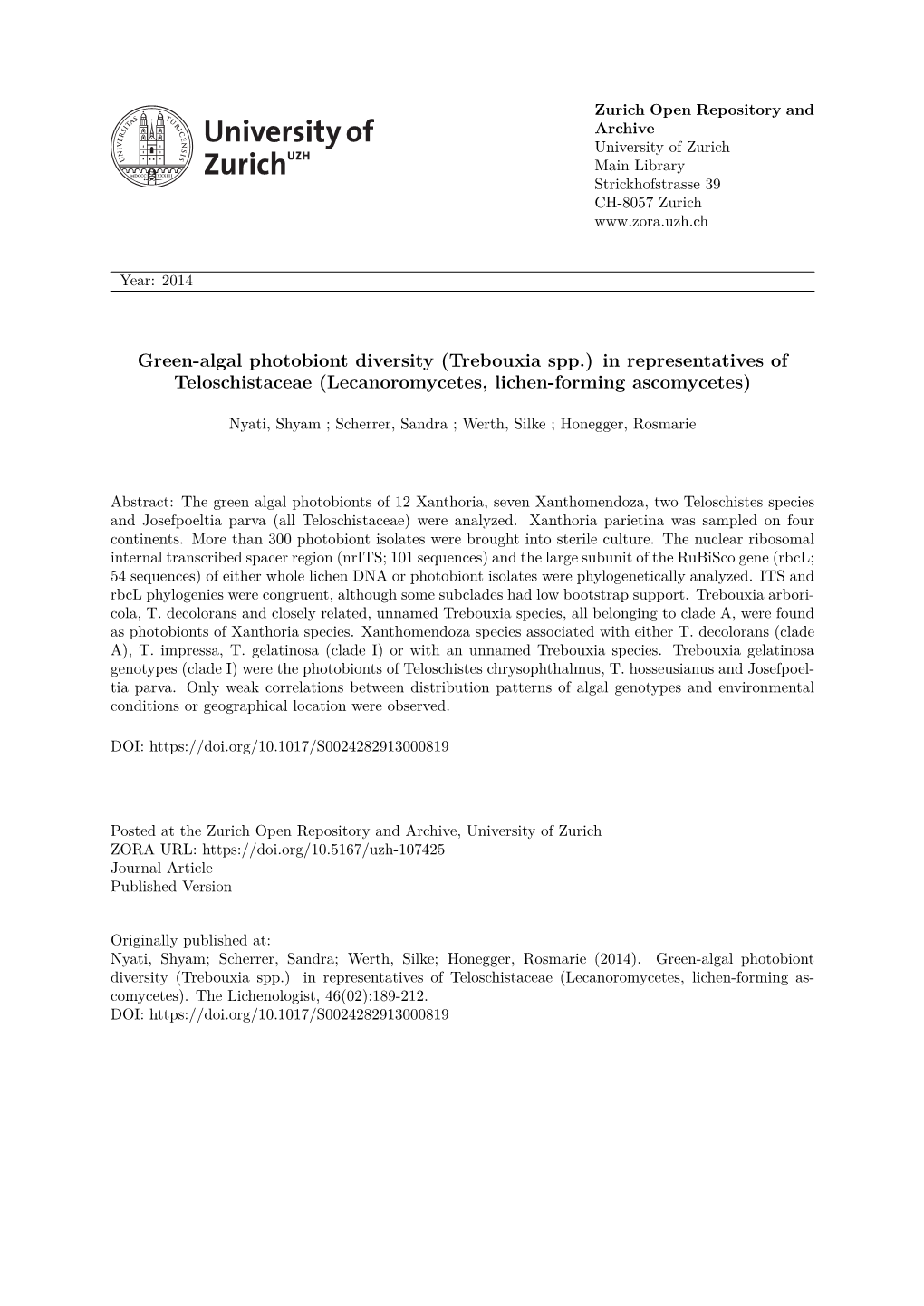 Green-Algal Photobiont Diversity (Trebouxia Spp.) in Representatives of Teloschistaceae (Lecanoromycetes, Lichen-Forming Ascomycetes)