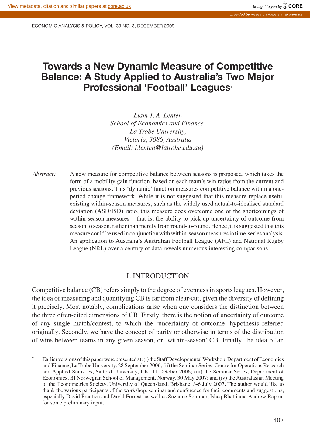 Towards a New Dynamic Measure of Competitive Balance: a Study Applied to Australia's Two Major Professional 'Football'