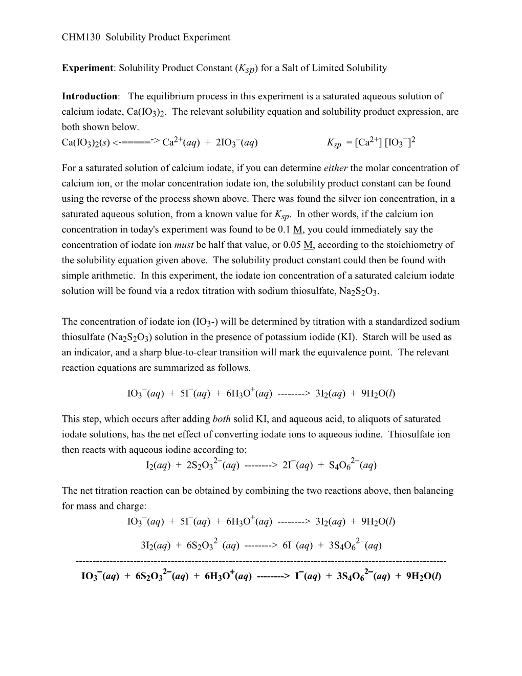 Solubility Product Constant (Ksp) for a Salt of Limited Solubility