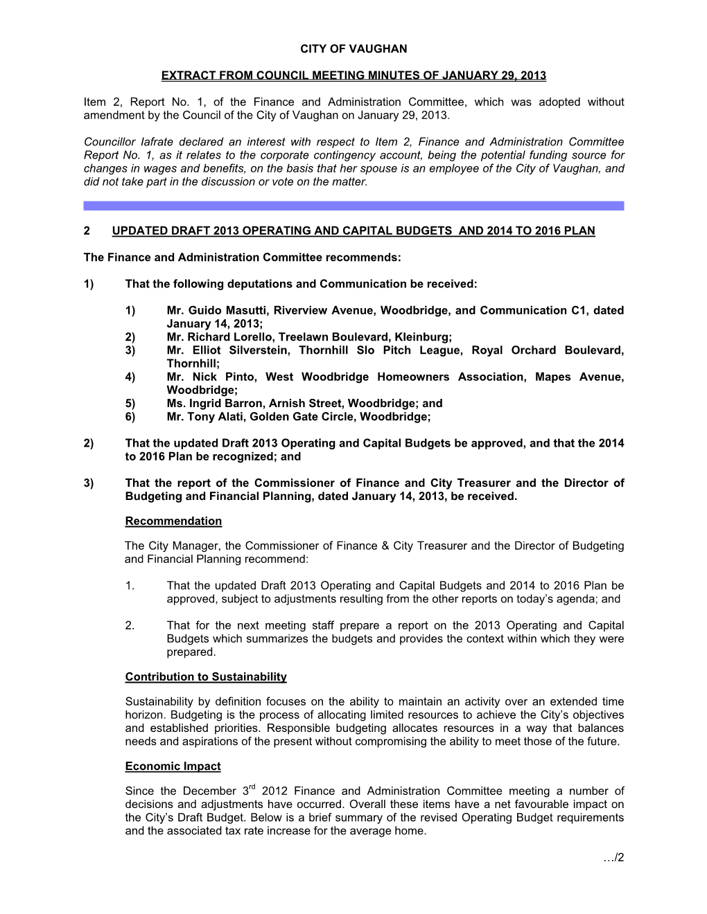 Updated Draft 2013 Operating and Capital Budgets and 2014 to 2016 Plan