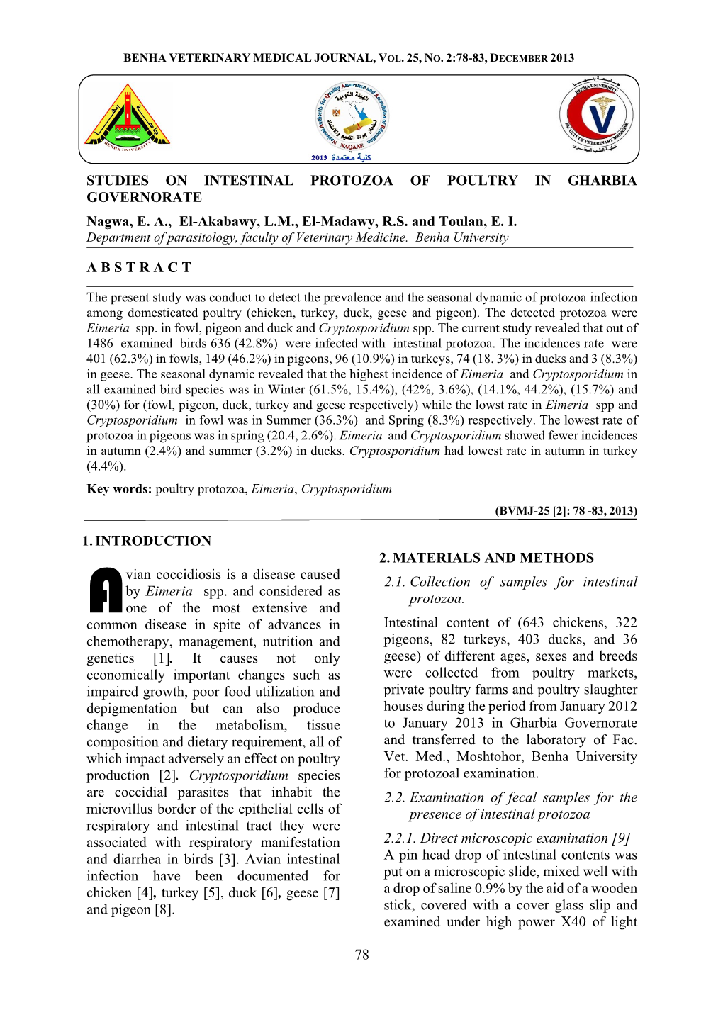 78 STUDIES on INTESTINAL PROTOZOA of POULTRY in GHARBIA GOVERNORATE Nagwa, E. A., El-Akabawy, L.M., El-Madawy, R.S. and Toulan