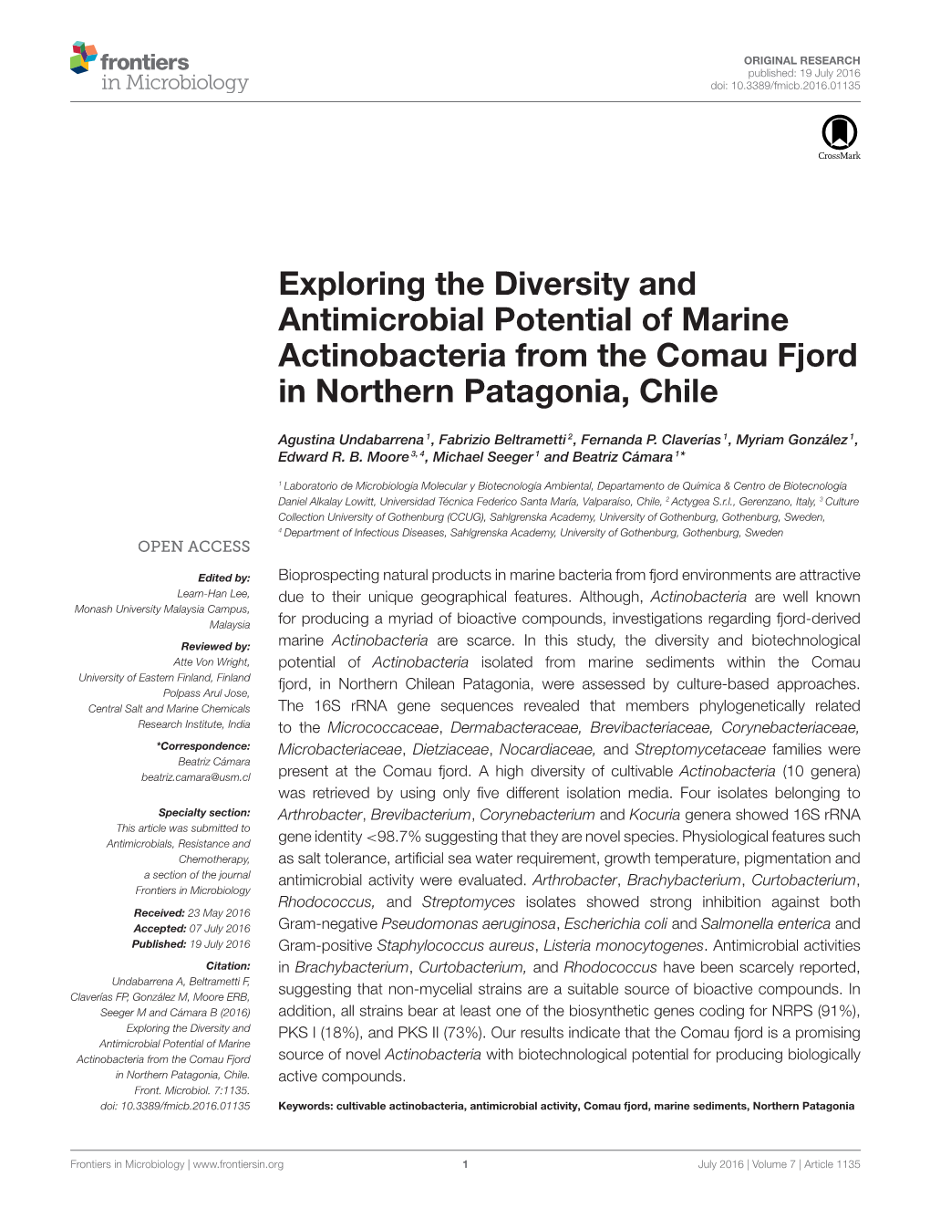 Exploring the Diversity and Antimicrobial Potential of Marine Actinobacteria from the Comau Fjord in Northern Patagonia, Chile