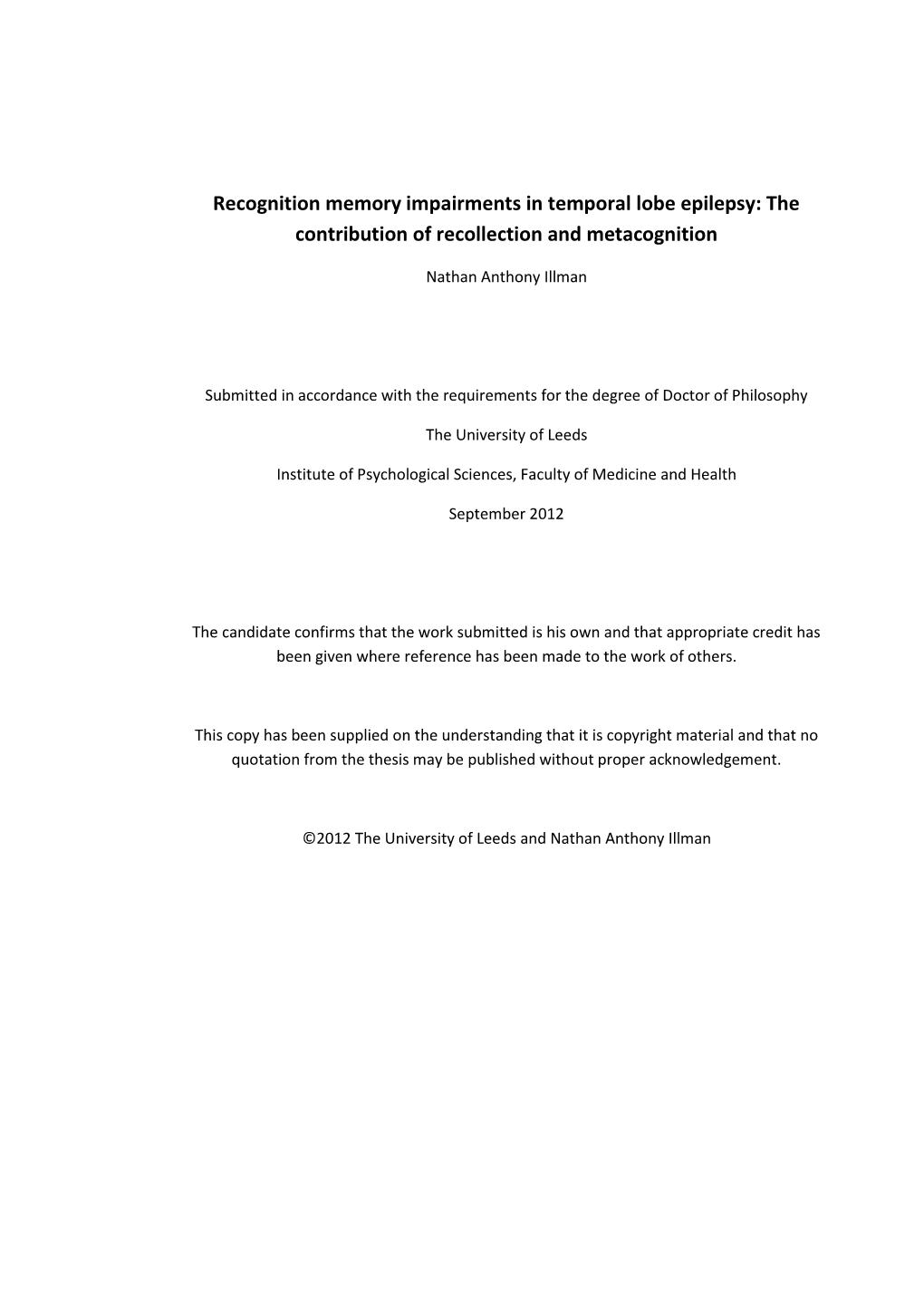 Recognition Memory Impairments in Temporal Lobe Epilepsy: the Contribution of Recollection and Metacognition