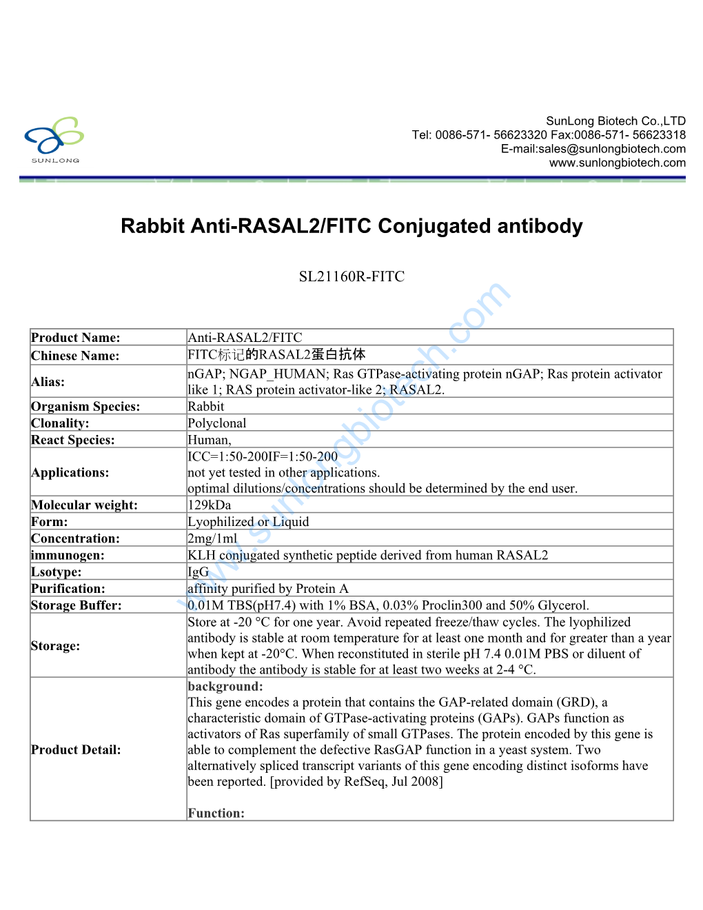 Rabbit Anti-RASAL2/FITC Conjugated Antibody-SL21160R-FITC