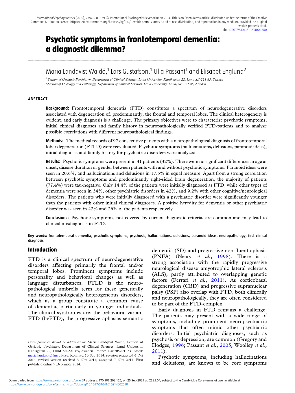 Psychotic Symptoms in Frontotemporal Dementia: a Diagnostic Dilemma?