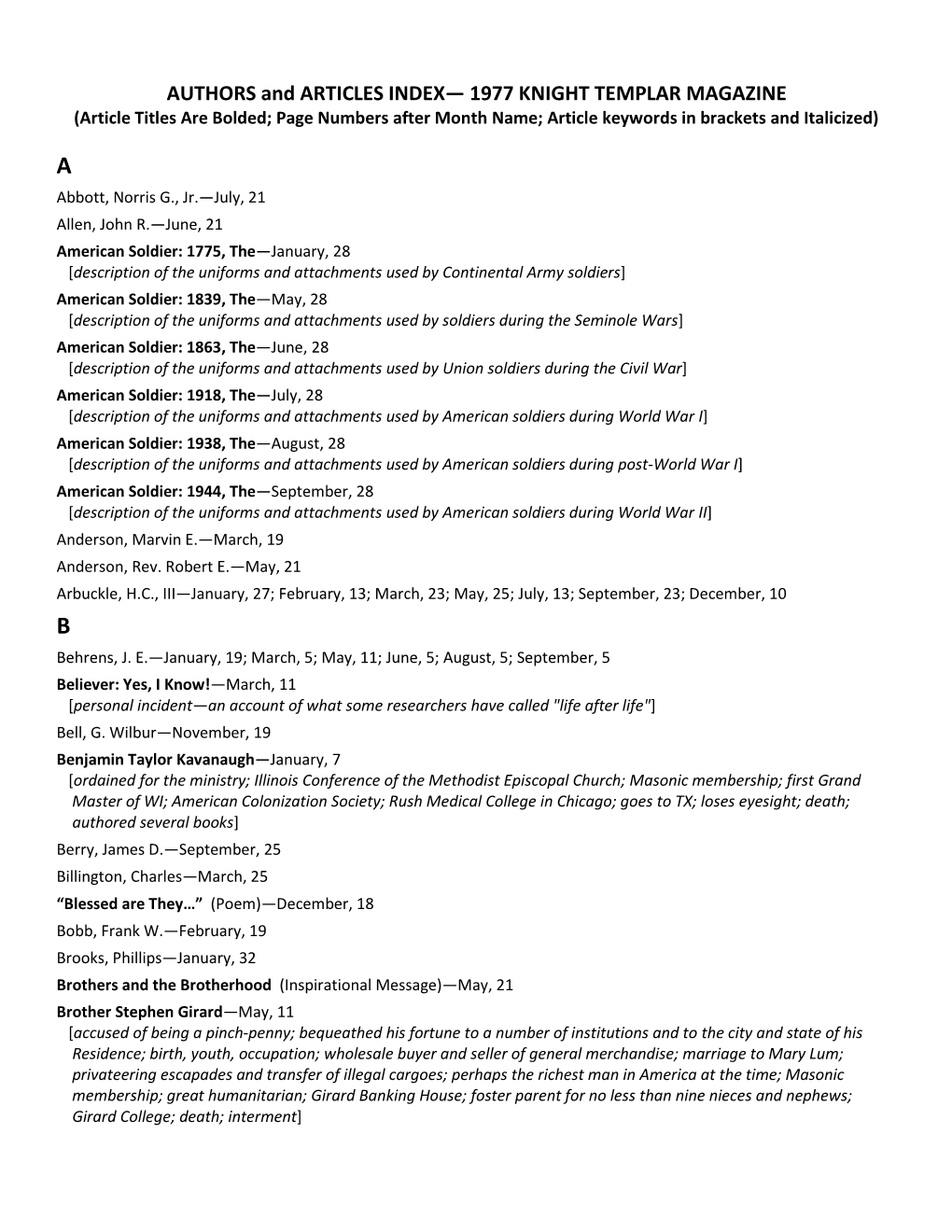 AUTHORS and ARTICLES INDEX— 1977 KNIGHT TEMPLAR MAGAZINE (Article Titles Are Bolded; Page Numbers After Month Name; Article Keywords in Brackets and Italicized)