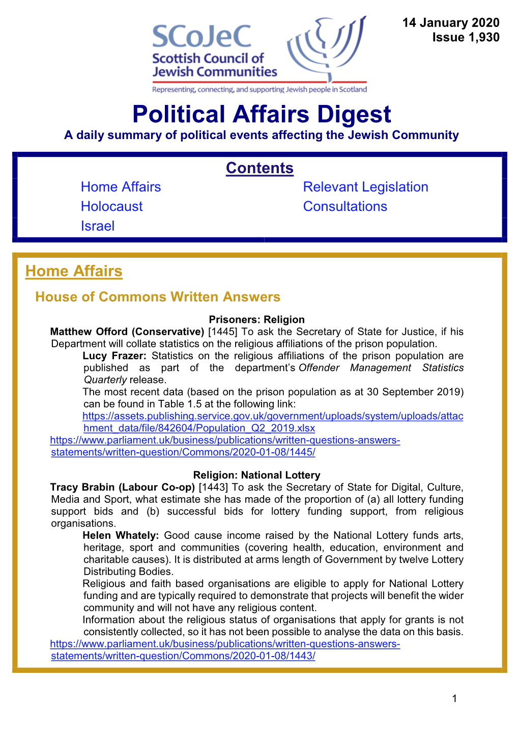 Political Affairs Digest a Daily Summary of Political Events Affecting the Jewish Community