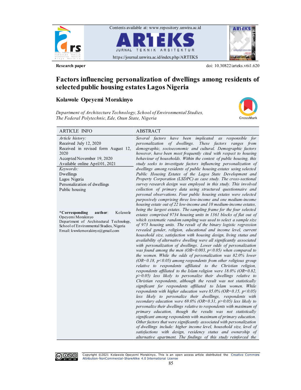 Factors Influencing Personalization of Dwellings Among Residents of Selected Public Housing Estates Lagos Nigeria