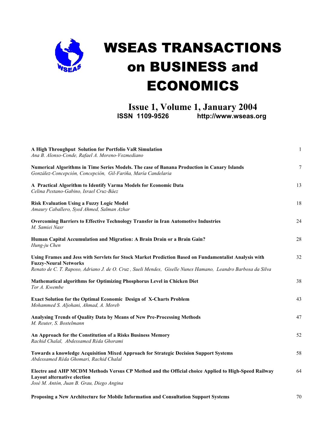 WSEAS Trans. on BUSINESS and ECONOMICS, January 2004