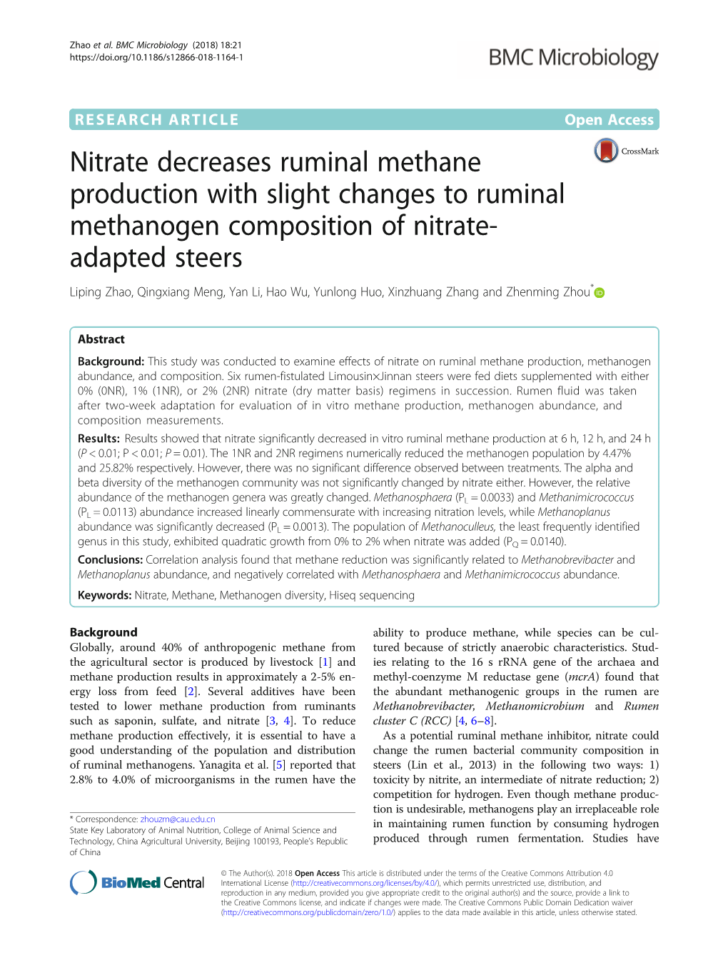 Nitrate Decreases Ruminal Methane Production with Slight Changes To
