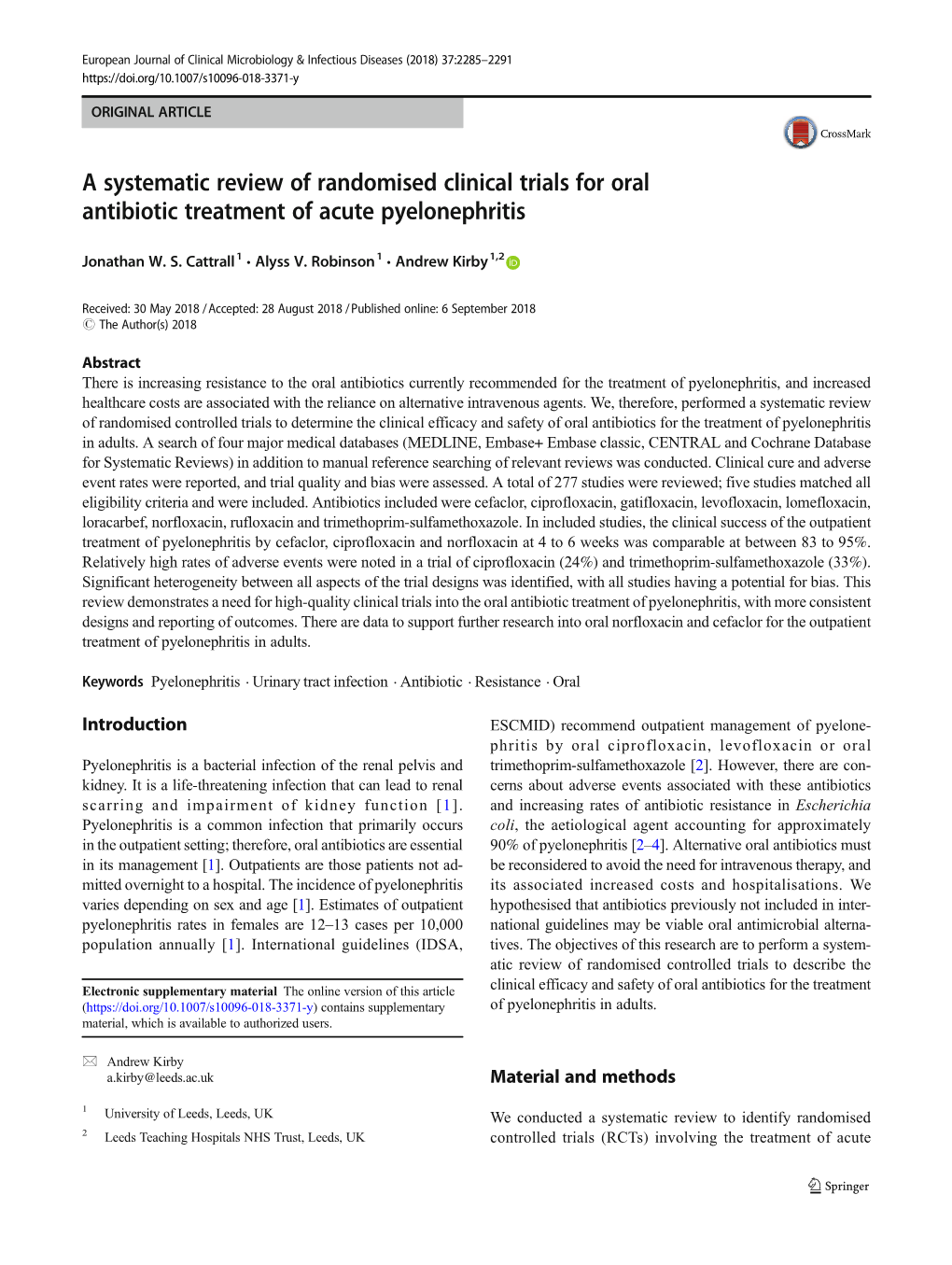 A Systematic Review of Randomised Clinical Trials for Oral Antibiotic Treatment of Acute Pyelonephritis