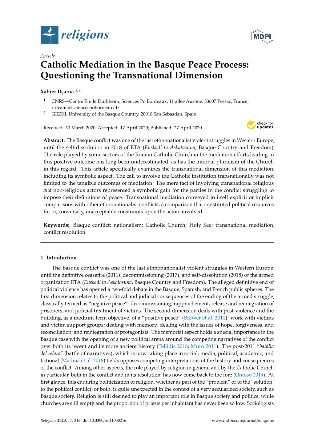 Catholic Mediation in the Basque Peace Process: Questioning the Transnational Dimension