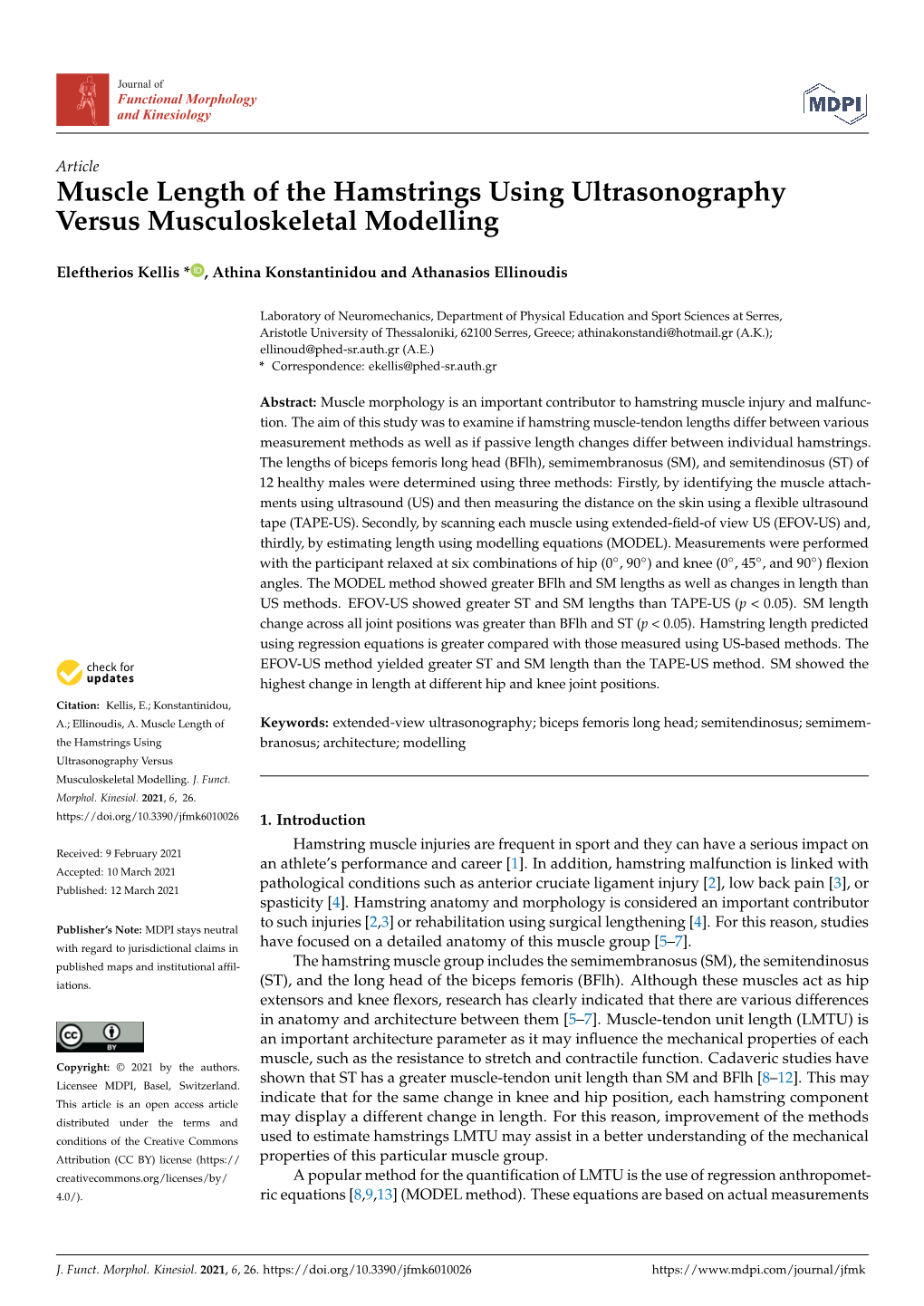 Muscle Length of the Hamstrings Using Ultrasonography Versus Musculoskeletal Modelling