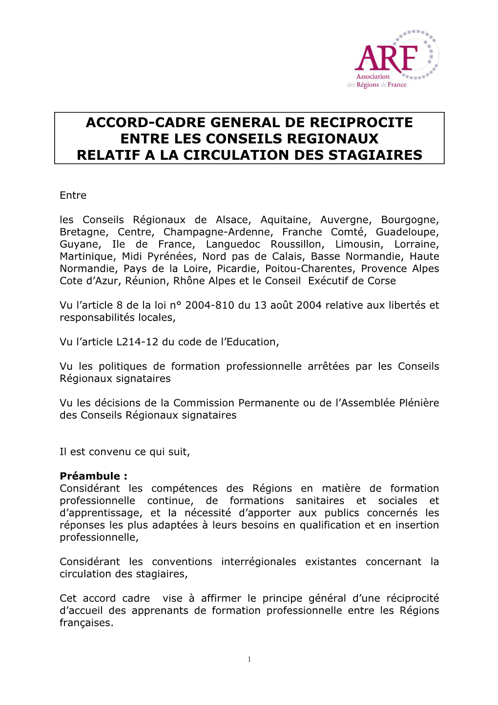 Accord De Reciprocite Entre Les Conseils Regionaux