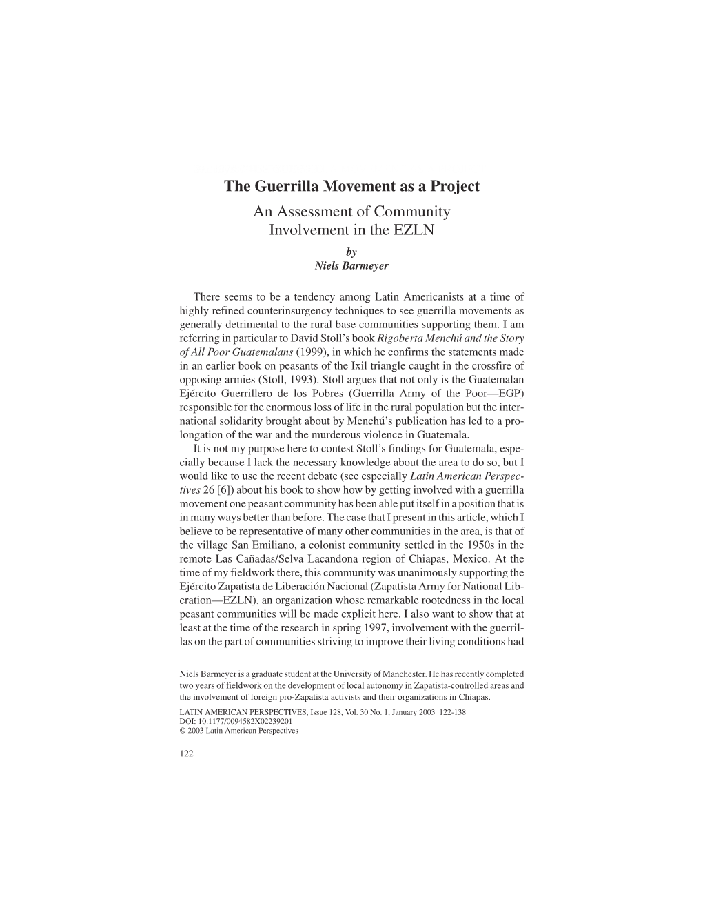 The Guerrilla Movement As a Project an Assessment of Community Involvement in the EZLN by Niels Barmeyer