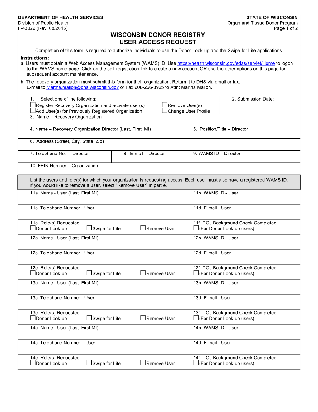 Wisconsin Donor Registry User Access Request