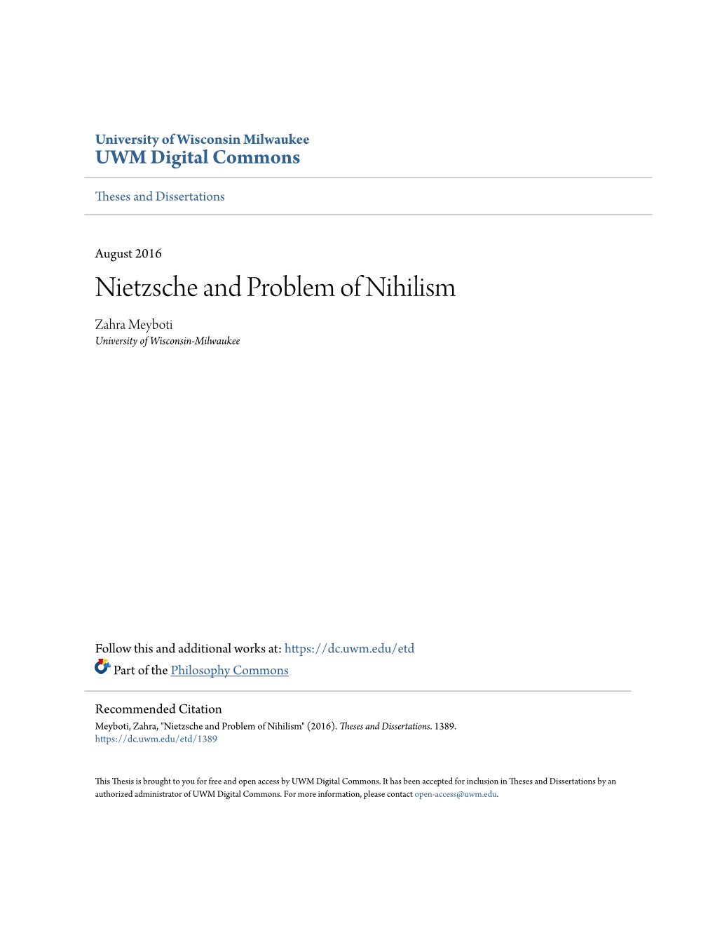 Nietzsche and Problem of Nihilism Zahra Meyboti University of Wisconsin-Milwaukee