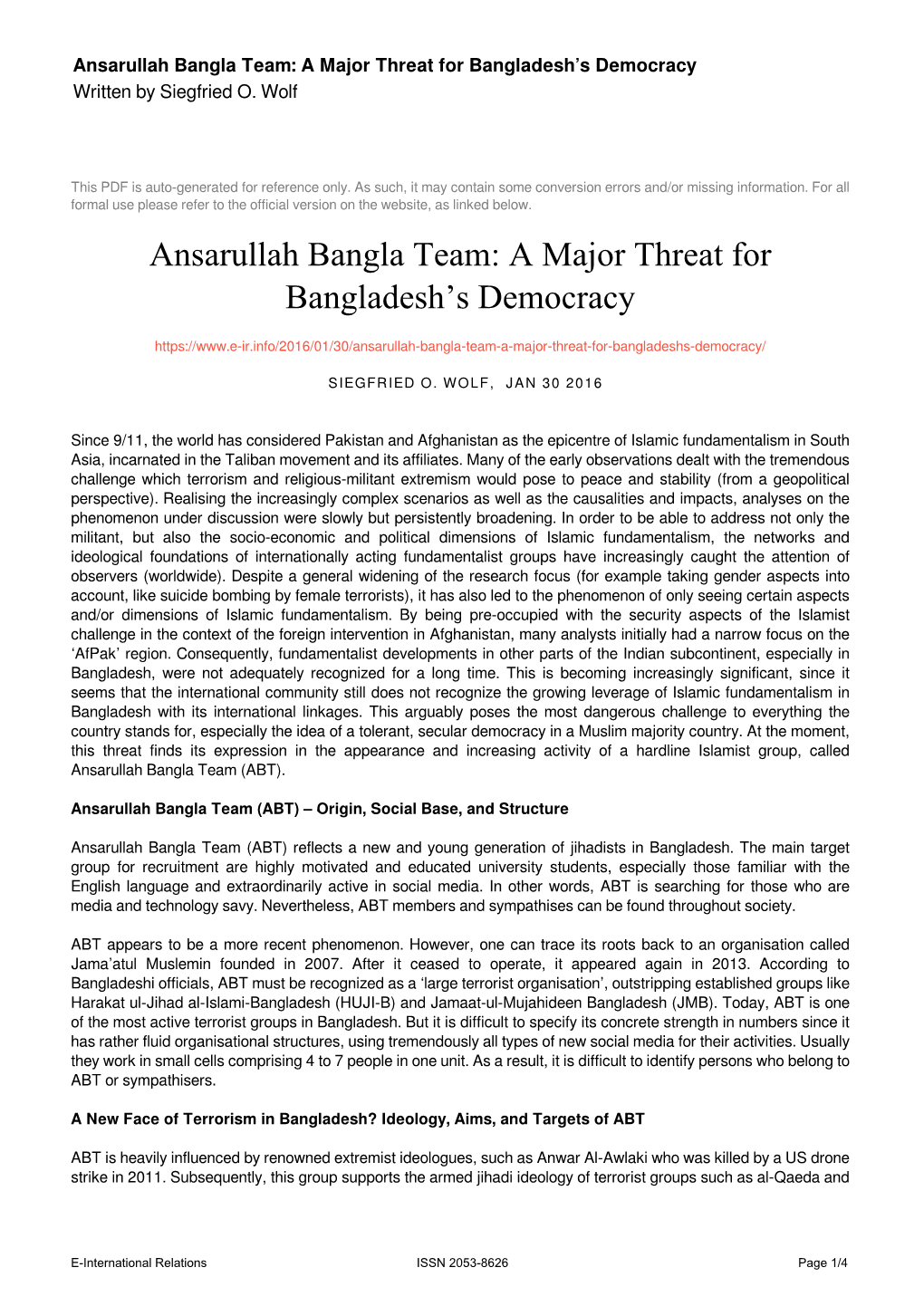 Ansarullah Bangla Team: a Major Threat for Bangladesh’S Democracy Written by Siegfried O
