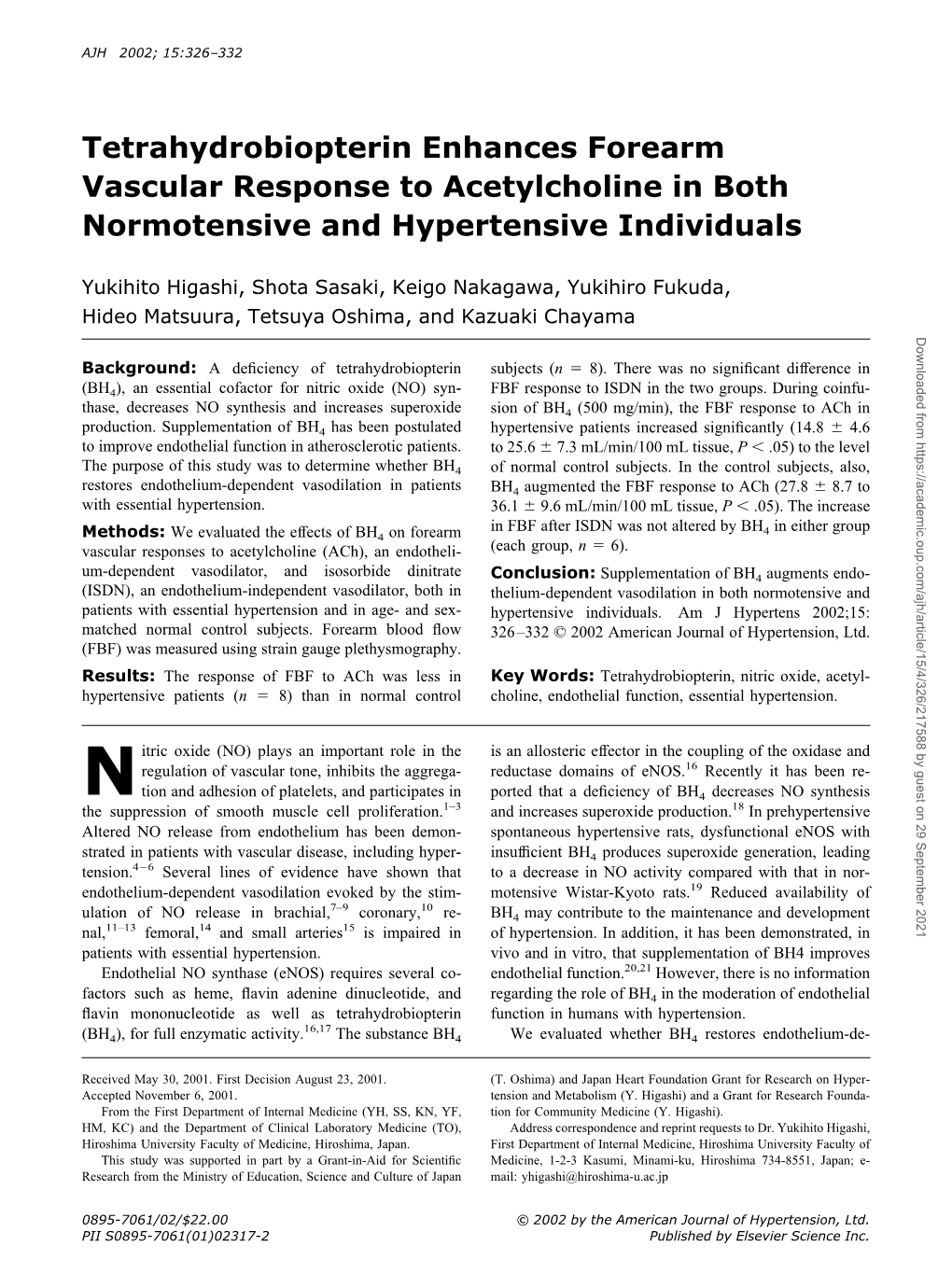 Tetrahydrobiopterin Enhances Forearm Vascular Response to Acetylcholine in Both Normotensive and Hypertensive Individuals