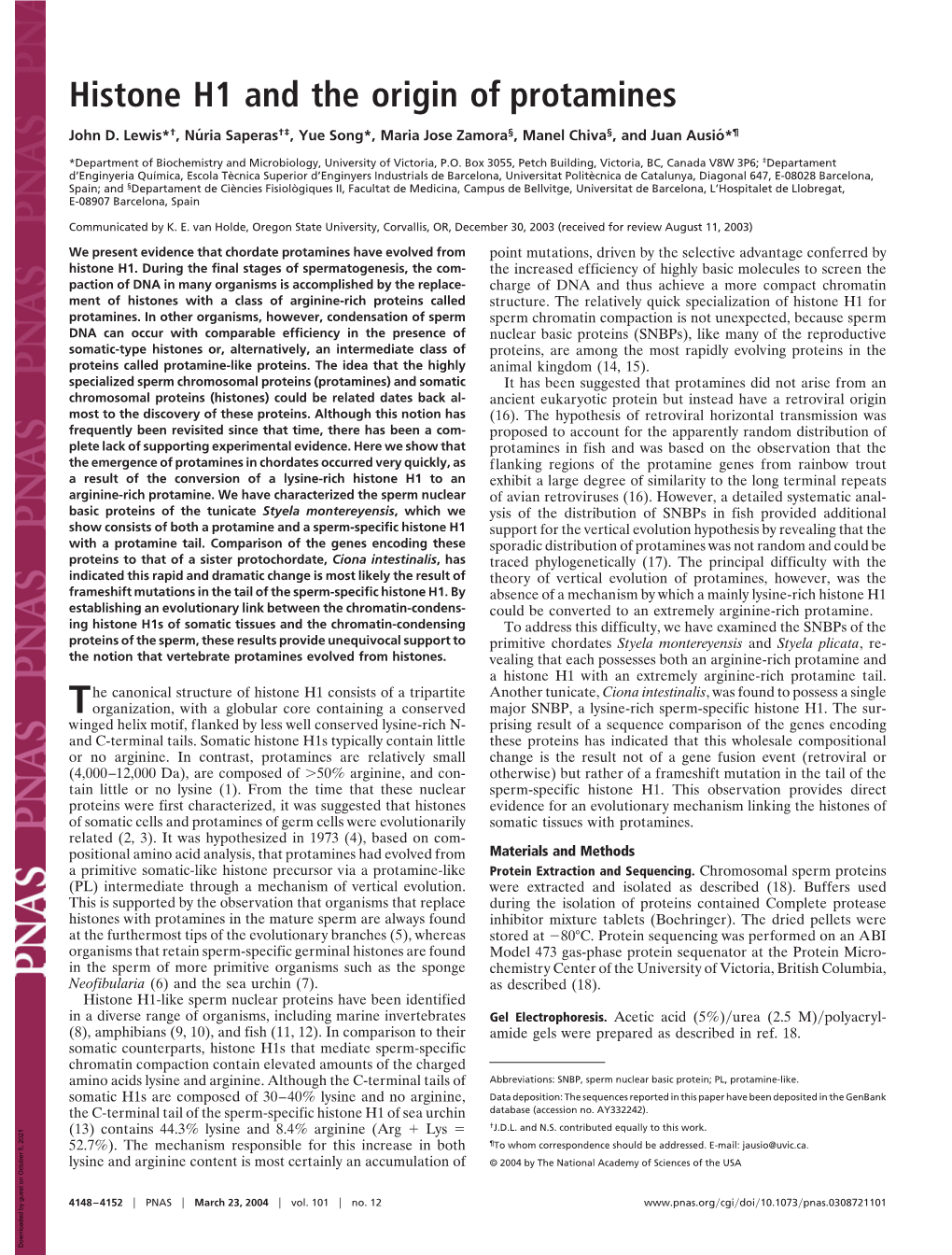 Histone H1 and the Origin of Protamines