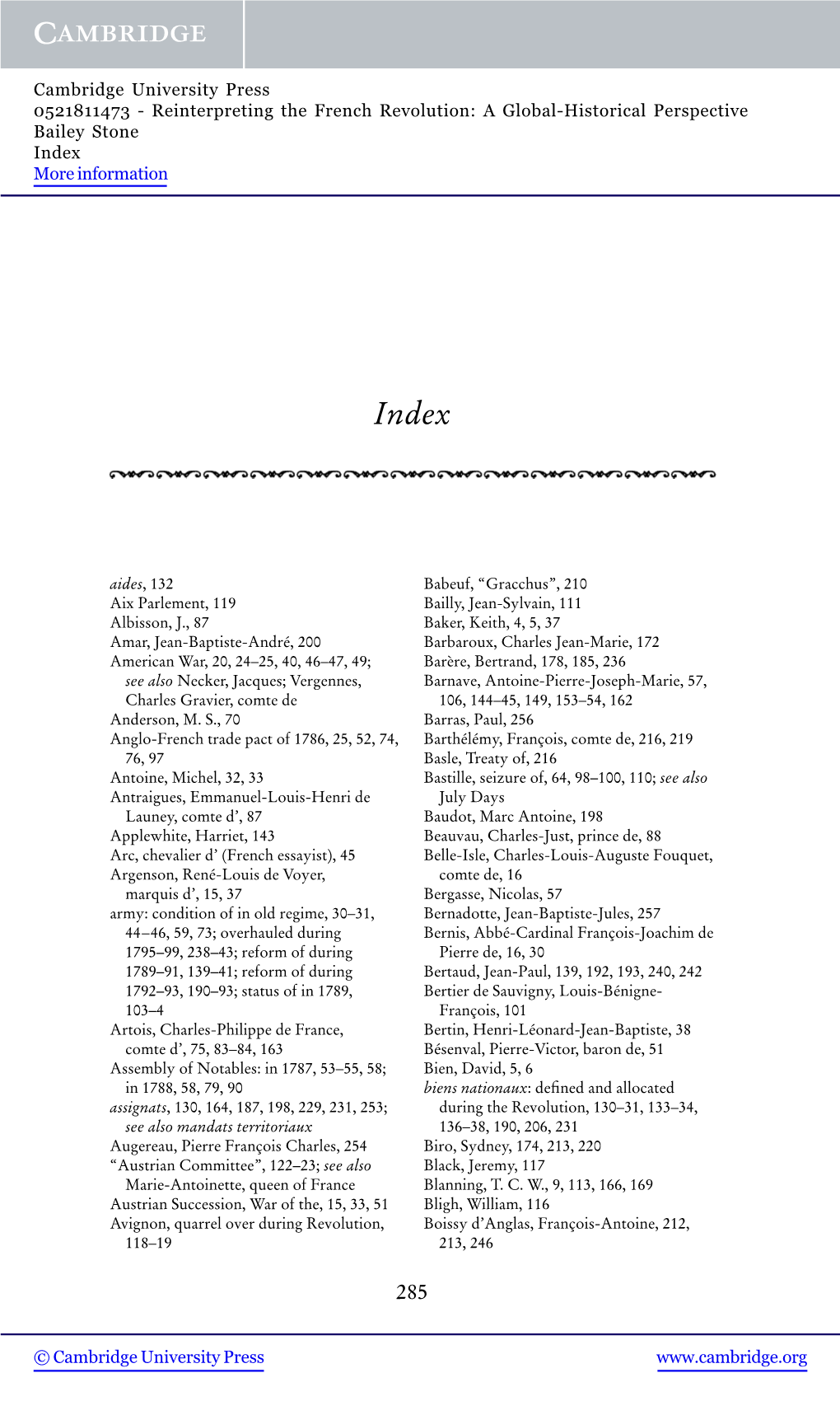 Reinterpreting the French Revolution: a Global-Historical Perspective Bailey Stone Index More Information