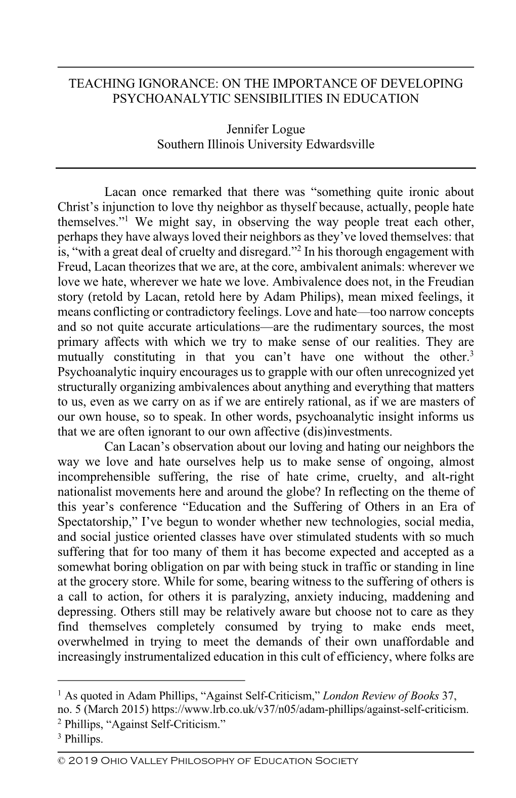 Teaching Ignorance: on the Importance of Developing Psychoanalytic Sensibilities in Education