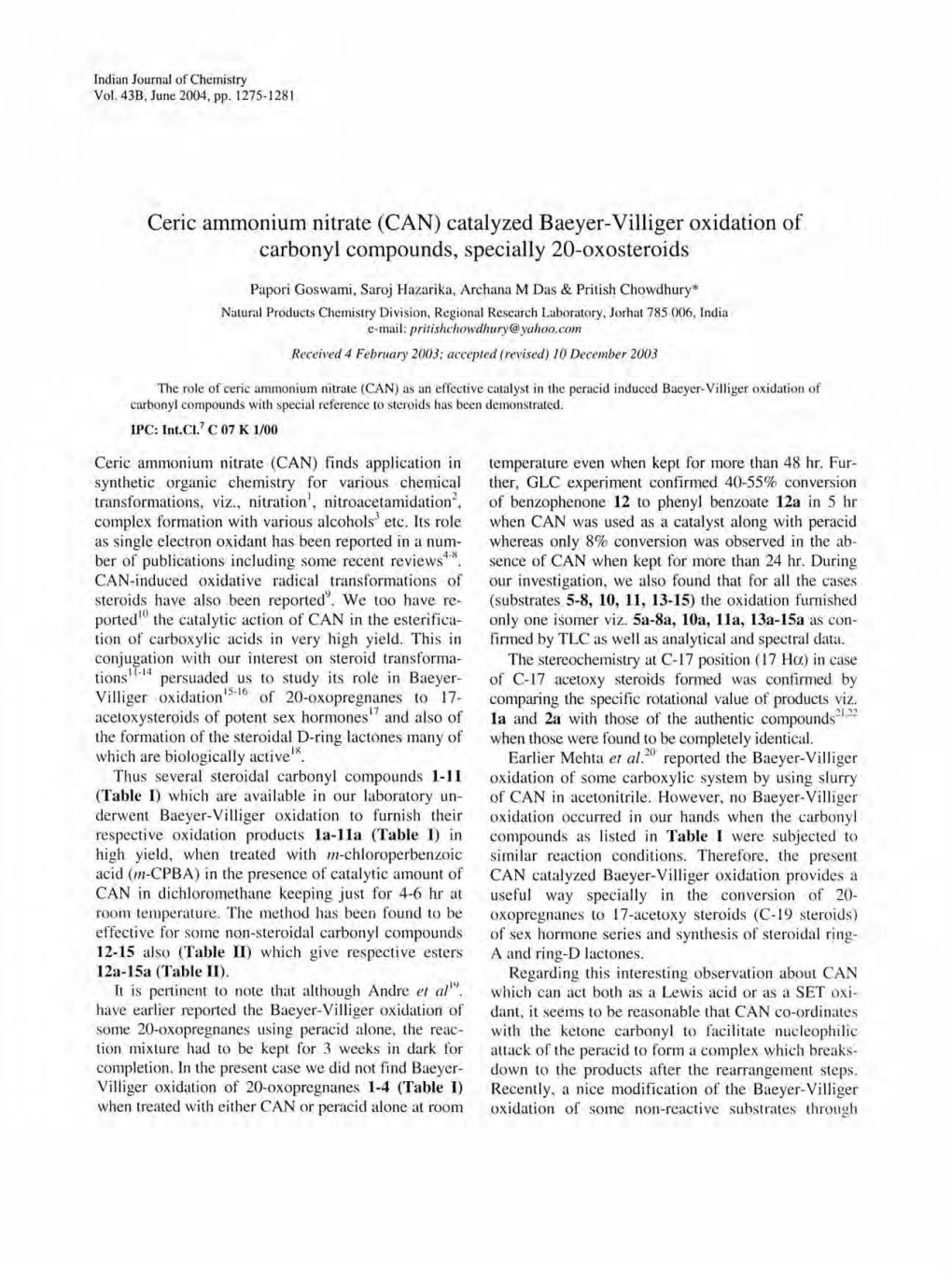 Ceric Ammonium Nitrate (CAN) Catalyzed Baeyer-Villiger Oxidation of Carbonyl Compounds, Specially 20-Oxosteroids