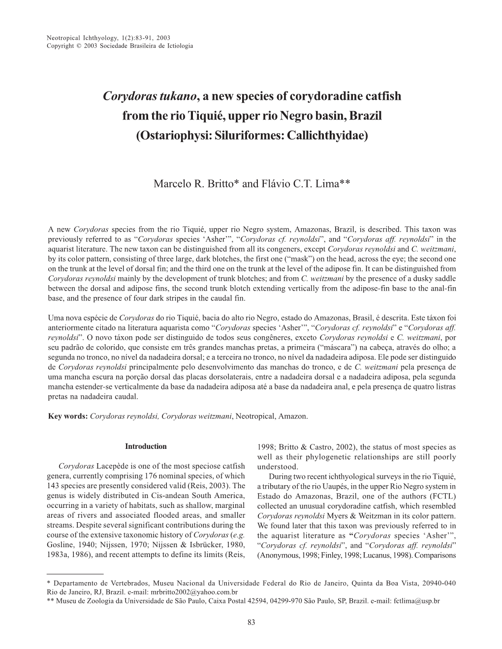 Corydoras Tukano, a New Species of Corydoradine Catfish from the Rio Tiquié, Upper Rio Negro Basin, Brazil (Ostariophysi: Siluriformes: Callichthyidae)