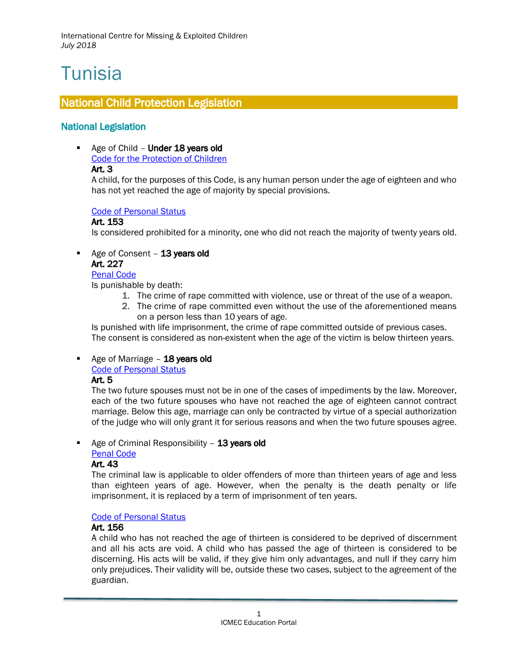 Tunisia National Legislation (ICMEC)