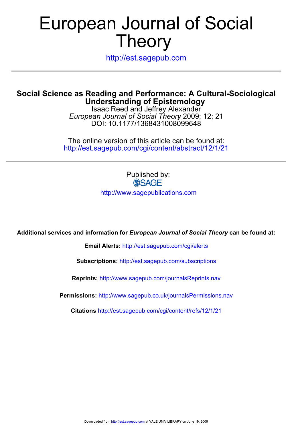 Social Science As Reading and Performance: a Cultural-Sociological Understanding of Epistemology