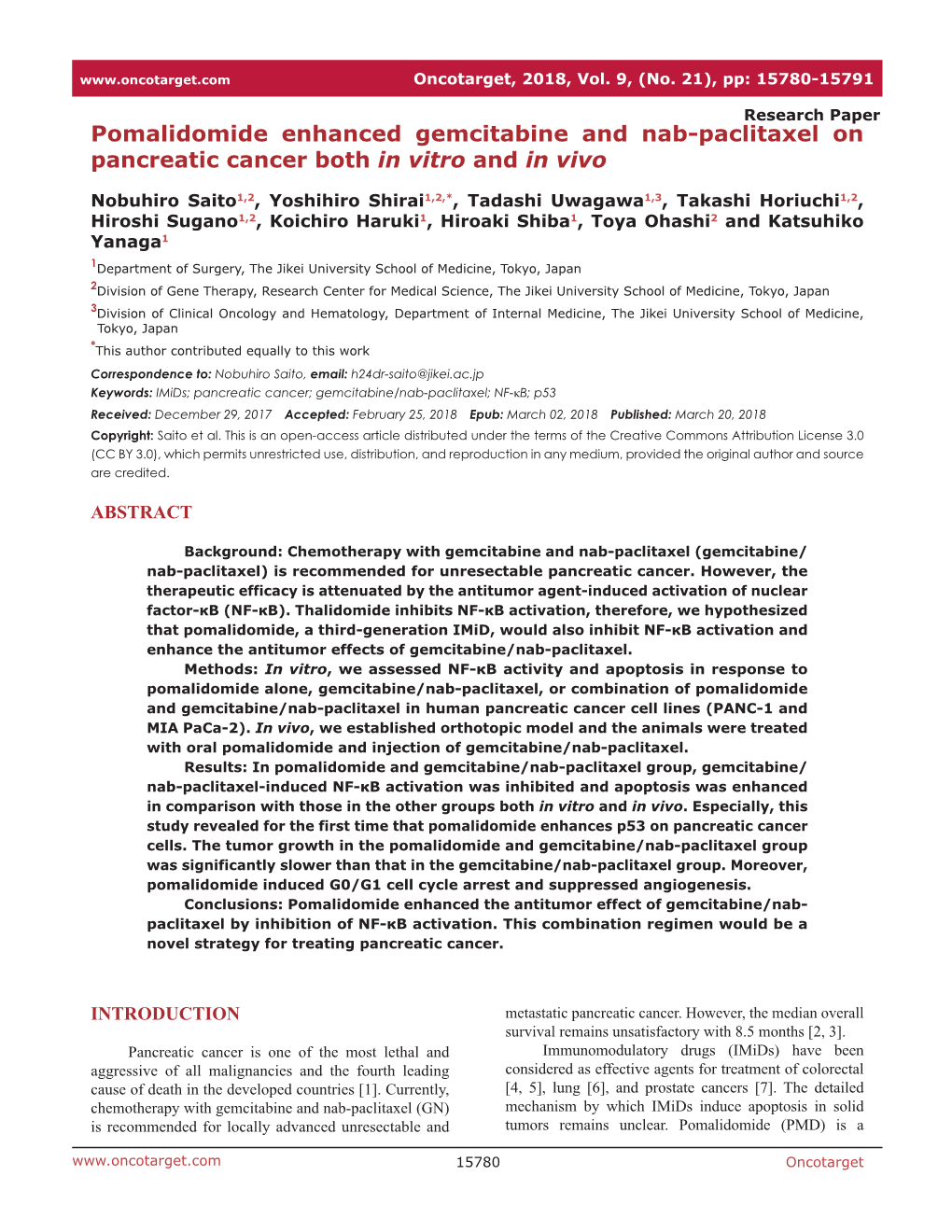 Pomalidomide Enhanced Gemcitabine and Nab-Paclitaxel on Pancreatic Cancer Both in Vitro and in Vivo