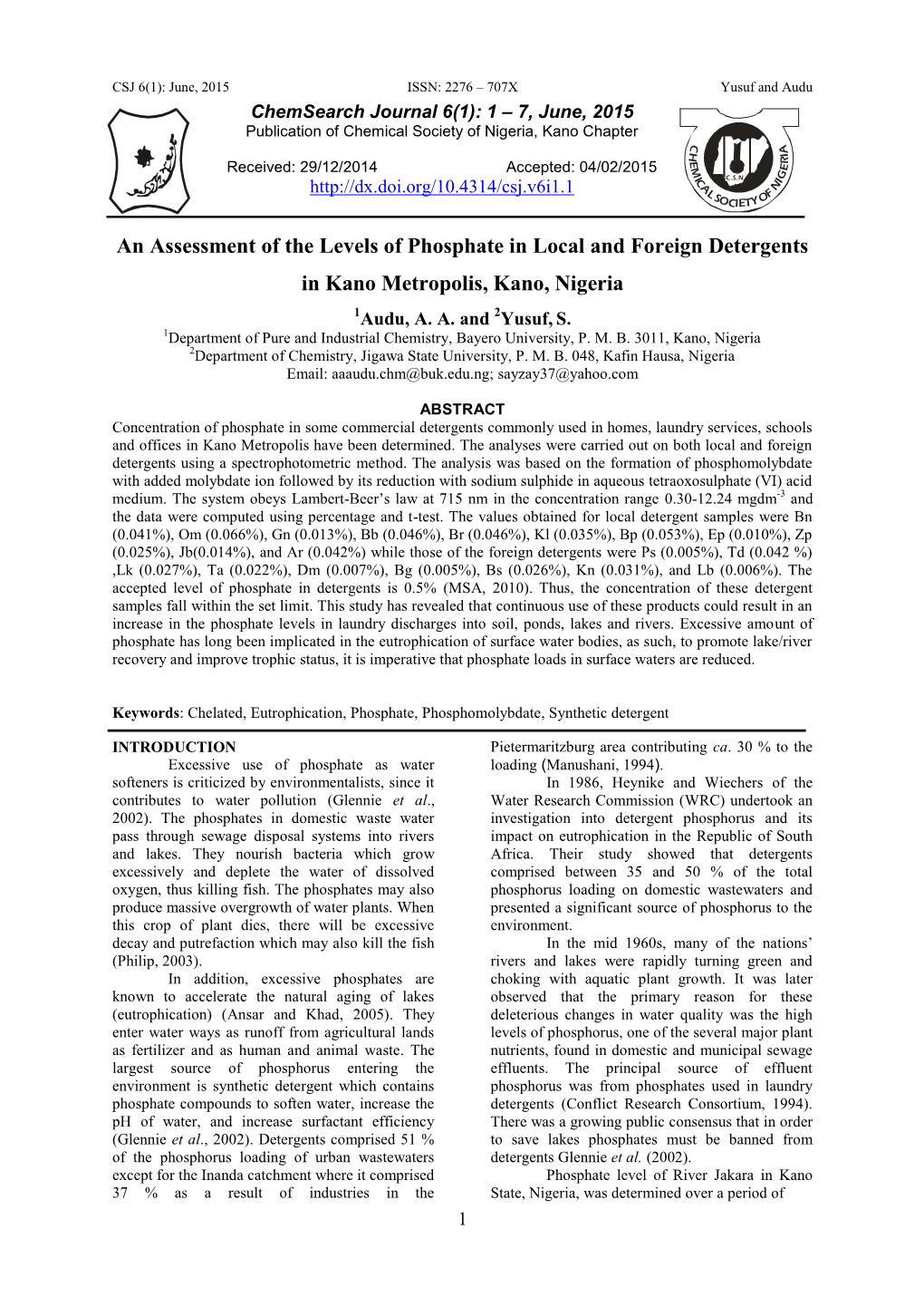 Chemsearch Journal Volume 4 Number 1, June, 2013