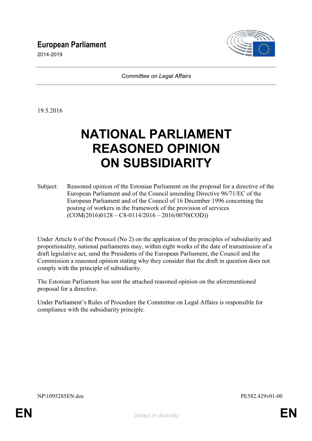 En En National Parliament Reasoned Opinion On