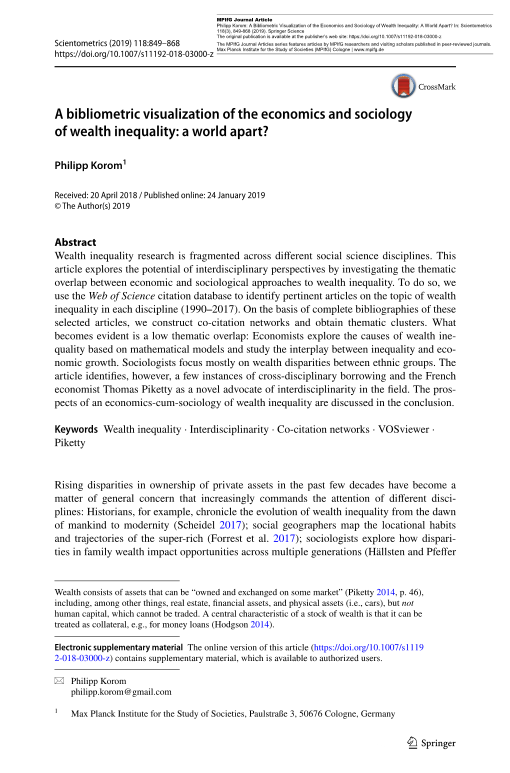 A Bibliometric Visualization of the Economics and Sociology of Wealth Inequality: a World Apart?