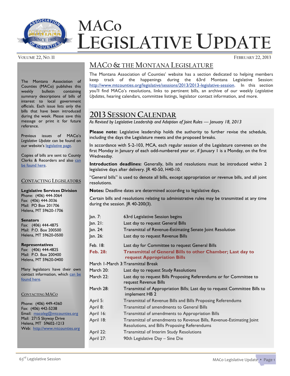 Maco LEGISLATIVE UPDATE VOLUME 22, NO